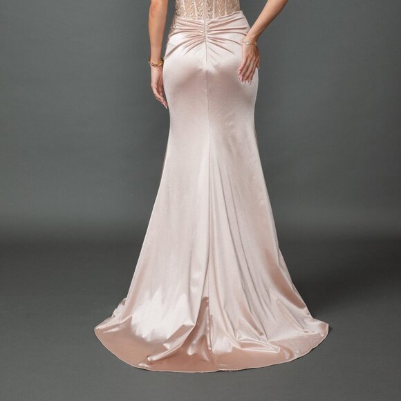 New Soft Satin Graduation Gown w/ Corset Lace Bodice & Draped V-Neck DQ 4537 - Picture 6 of 9